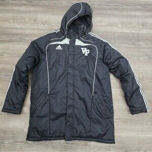 Vintage Adidas stadium VP long black jacket with hood and fri t pockets. Size XL
